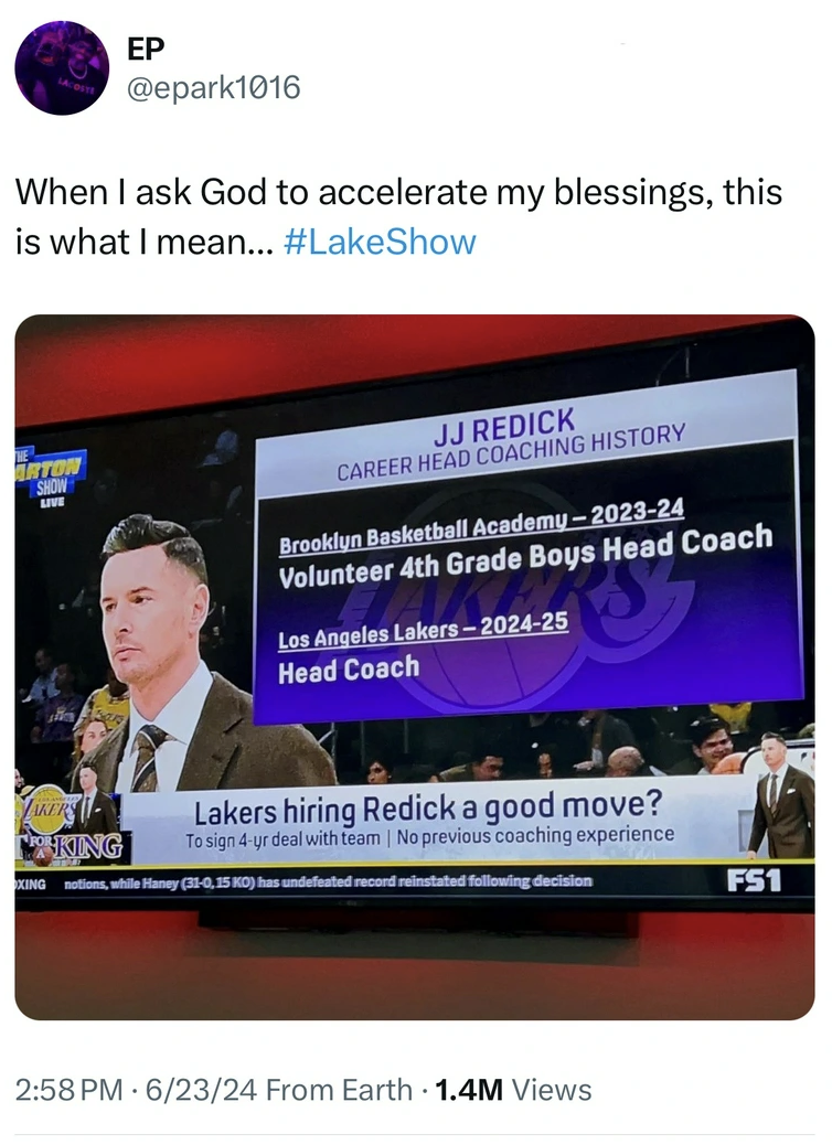 media - Ep When I ask God to accelerate my blessings, this is what I mean... # LakeShow Anton Jj Redick Career Head Coaching History Brooklyn Basketball Academy202324 Volunteer 4th Grade Boys Head Coach Los Angeles Lakers202425 Head Coach King Lakers hiri